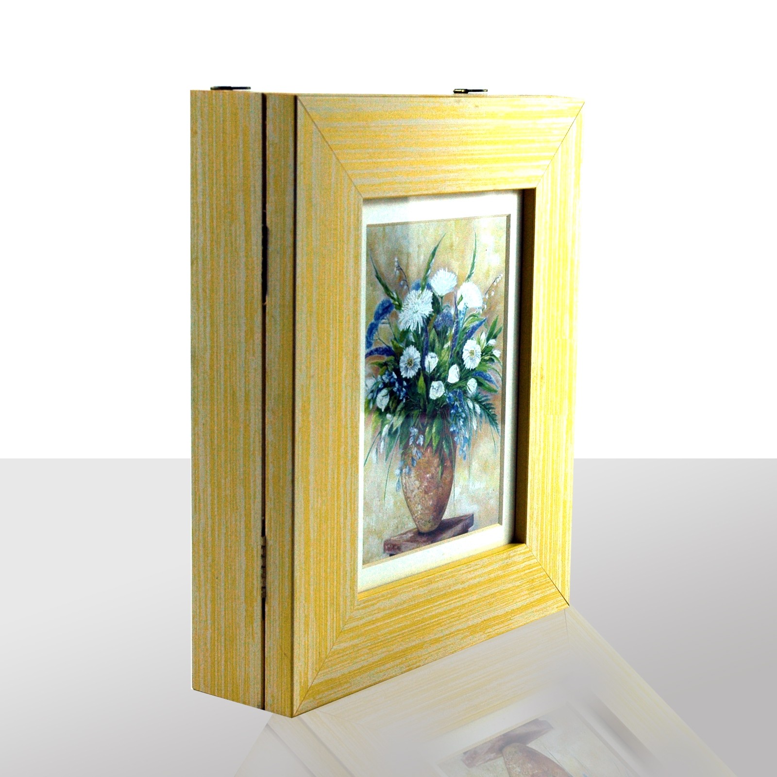 Schlüsselkasten gelb, mit blau-weißen Blumenstrauß 