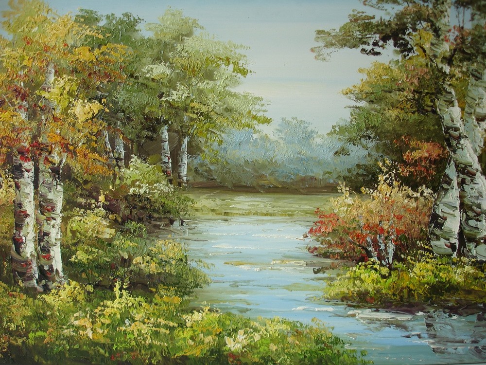 Dipinto ad olio Betulle al fiume, su tela, 60 x 90 cm, dipinto a mano