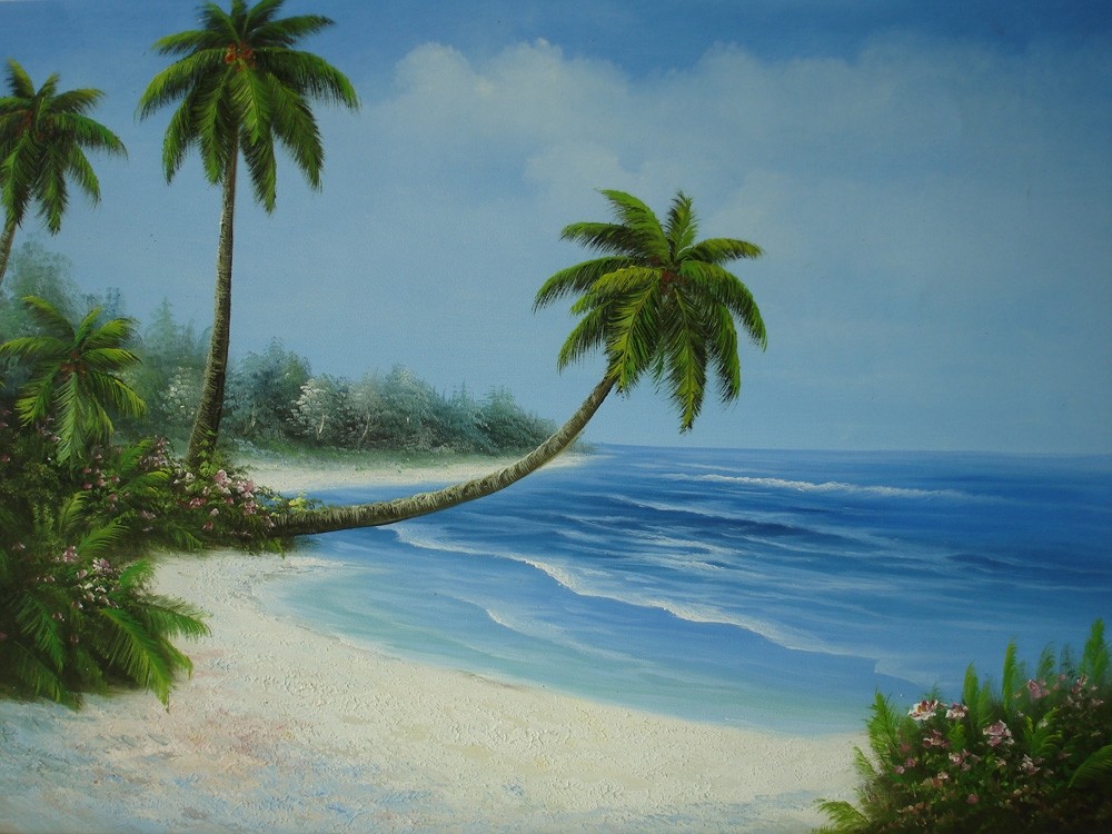 ✨ Stampa su tela 🖼️ Paesaggio mare tropicale con palme quadro