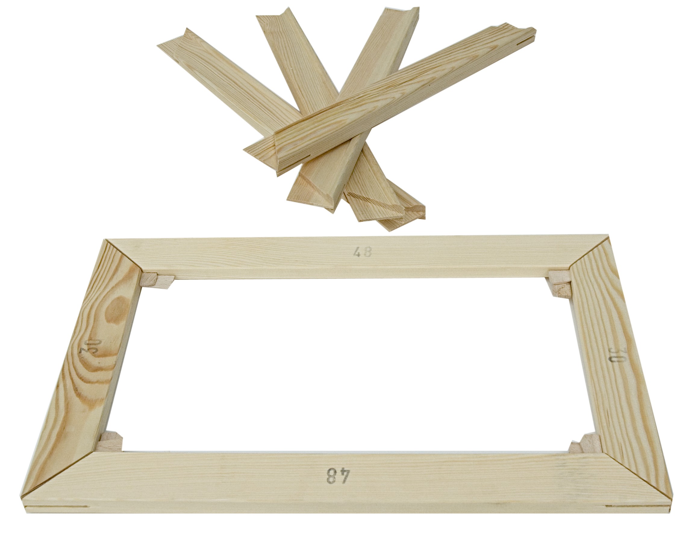 frame pieces for canvas stringing, including 2 hardwood wedges