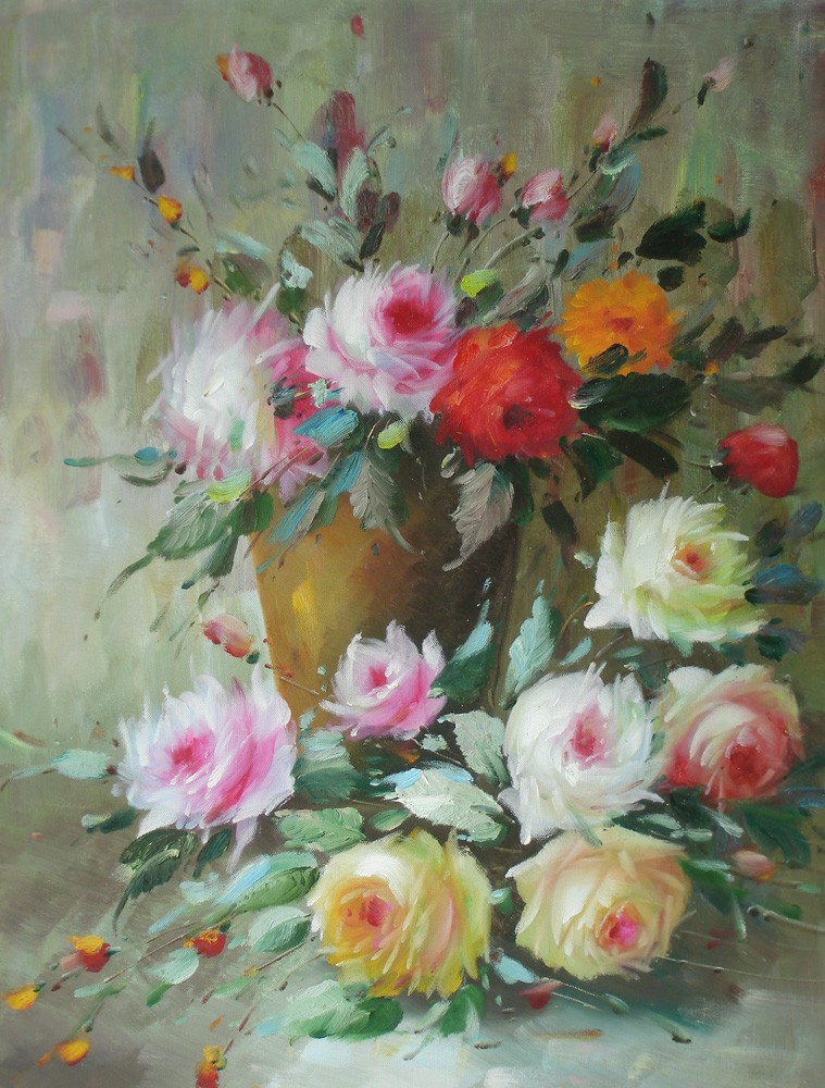 Oil painting on wooden frame 50x60 cm Rosenvase, handgemalt