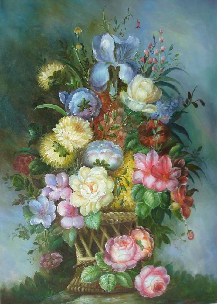 Peinture à l'huile sur le panier de fleurs civière cm 60x90, peint à la main